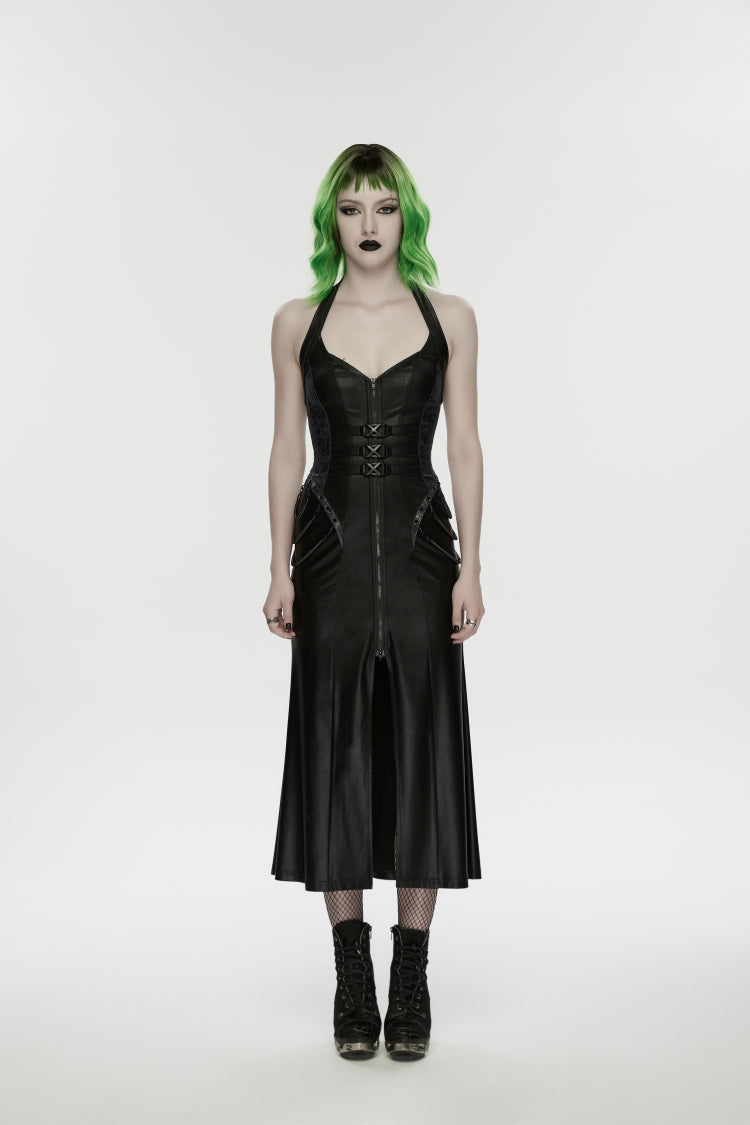 Black Halterneck Sleeveless Lace-Up Slim Buckled Women's Punk Dress