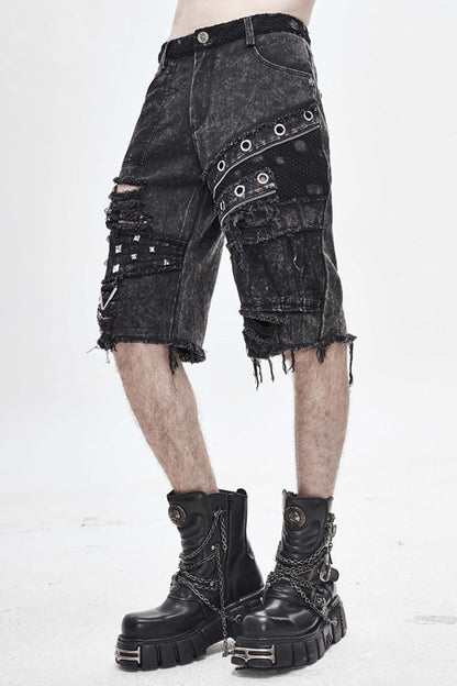 Black Decadence Punk Rock Nailed Ragged Shorts Mens Pants