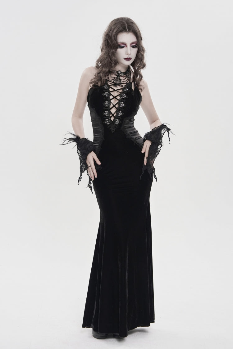 Black Off Shoulder Sleeveless Hanayome Spliced Lace-Up Slim Pleated Women's Gothic Jsk Dress