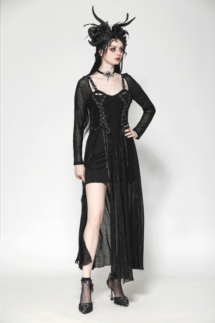Black Long Sleeves Lace-Up Spiderweb Women's Gothic Elegant Witch Long Dress