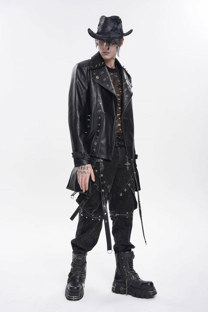 Black Lapel Collar Long Sleeves Studded Buckled Zippered Eyelet Women's Punk Jacket