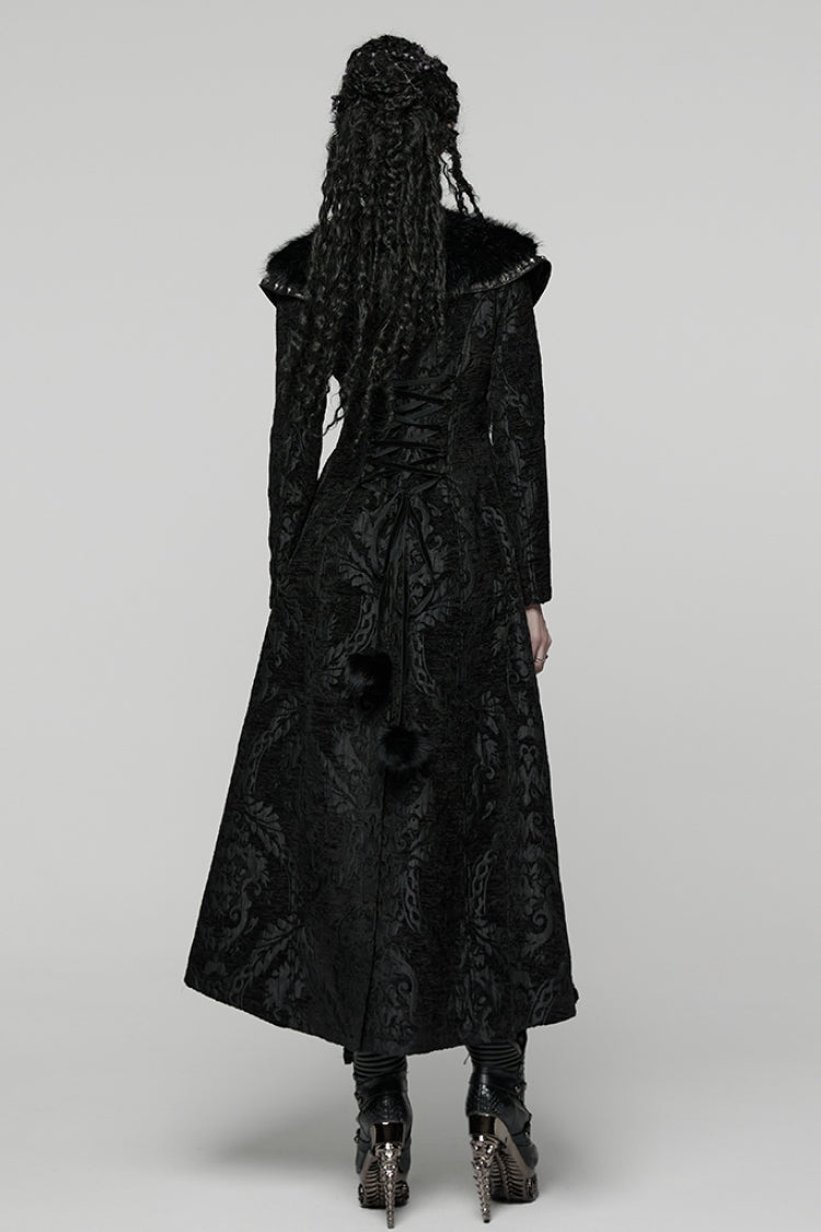 Black Lapel Collar Long Sleeves Floral Printed Plush Spliced Women's Gothic Coat