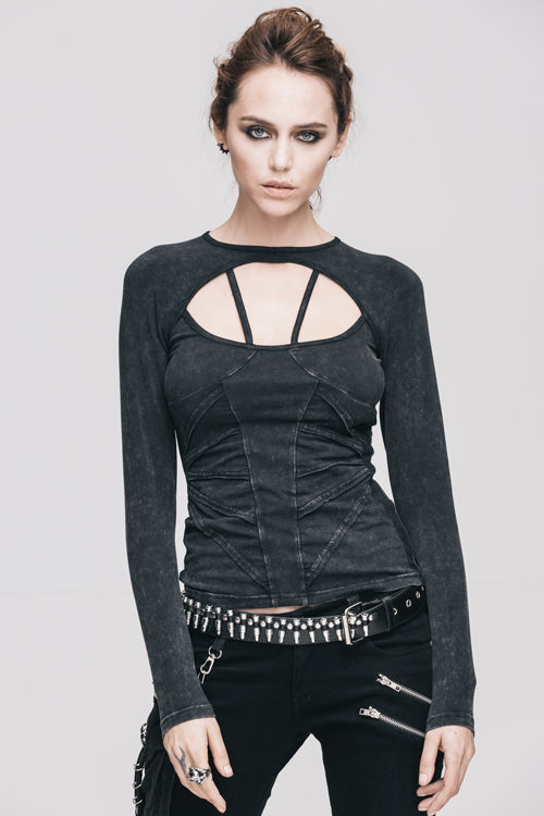 Black Hollow Out Long Sleeves Womens Punk Straps T-Shirt