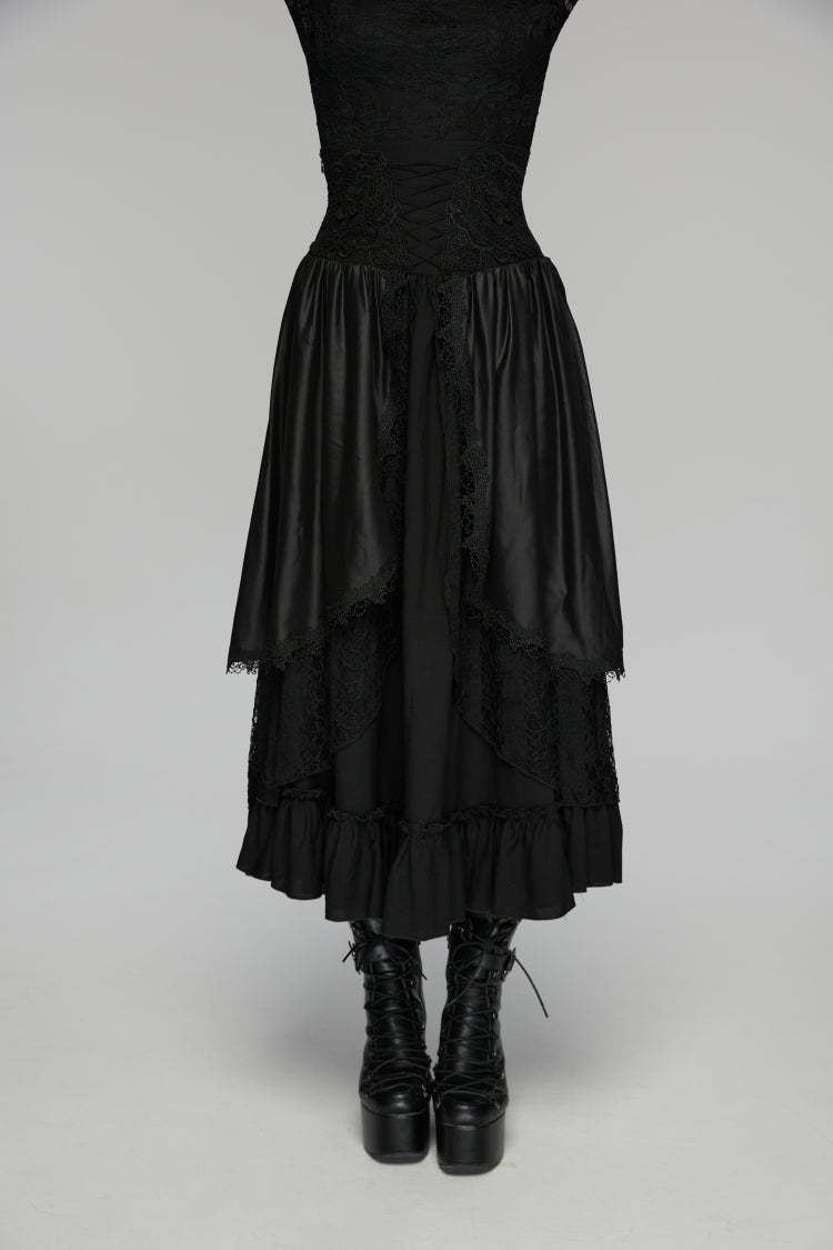 Black High Waisted Multi-Layered Floral Embroidered Lace Pleated Women's Gothic Elegant Cosplay Skirt