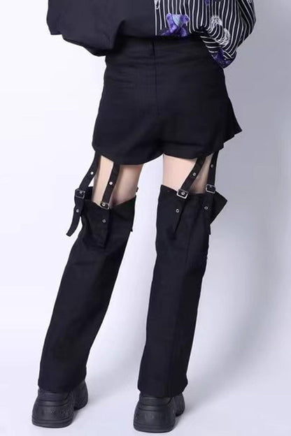 Black Gothic Jirai Kei Japanese Detachable Leg Shorts Set