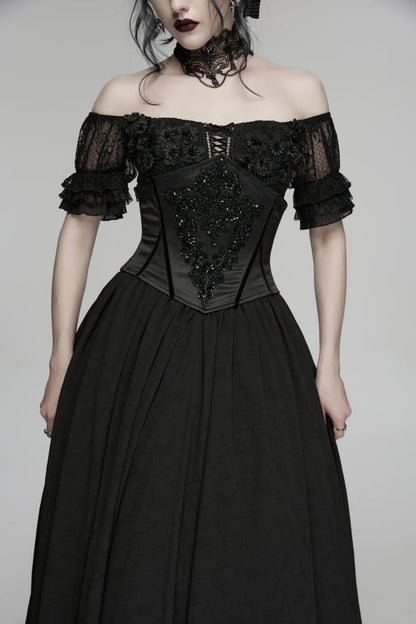 Black Lace-Up Slim Zippered Women's Gothic Beaded Embroidered Underbust Corset