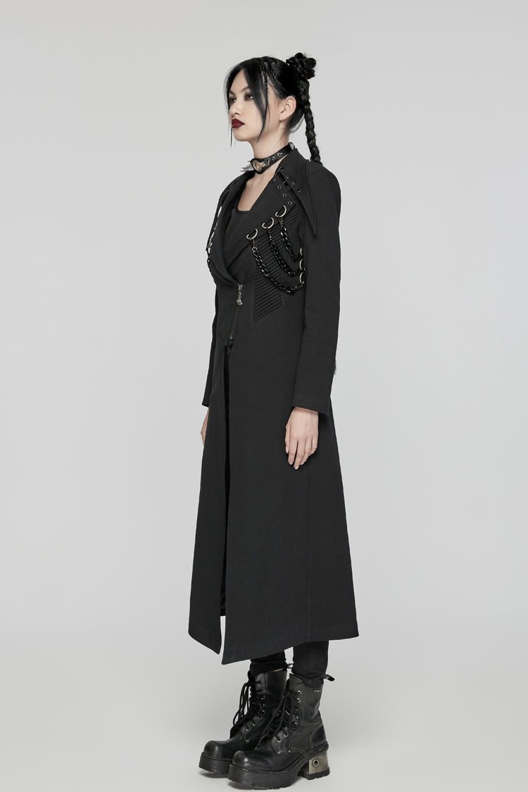 Black Lapel Collar Metal Chains Long Sleeves Women's Punk Long Coat