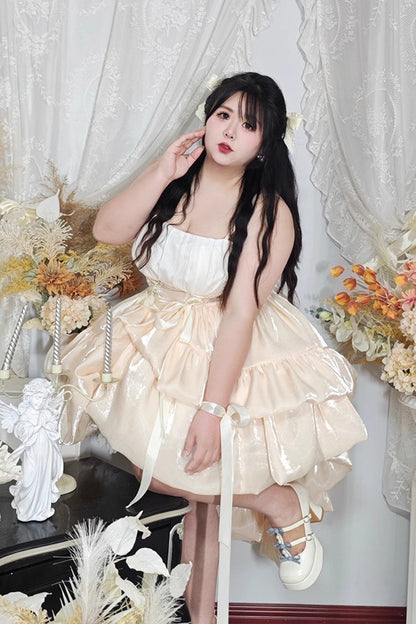 Beige Off Shoulder Double-Layered Ruffle Bowknot Lace Sweet Plus Size Lolita Dress