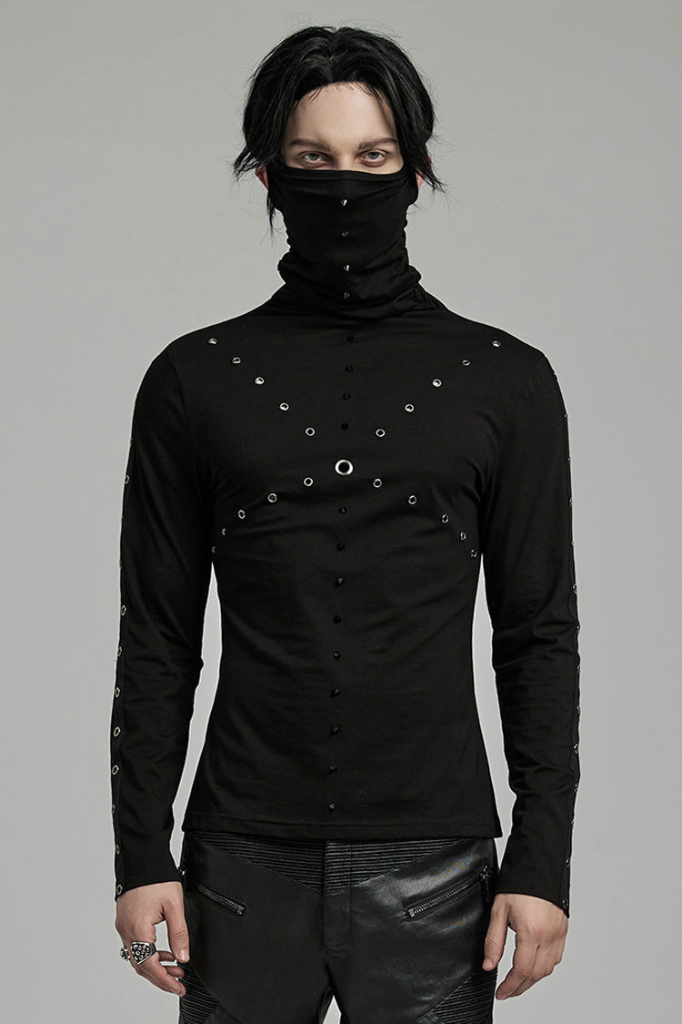 Black Long Sleeves Rivet Mesh Men's Punk Blouse with Undetachable Mask