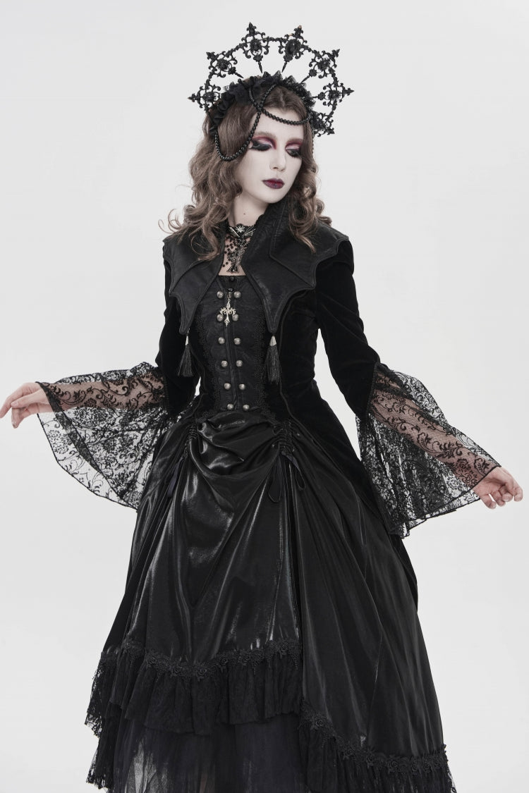 Black Long Trumpet Sleeves Embroidered Lace Slim Zippered Women's Gothic Bat Wing Collar Double-breasted Zip Jacket