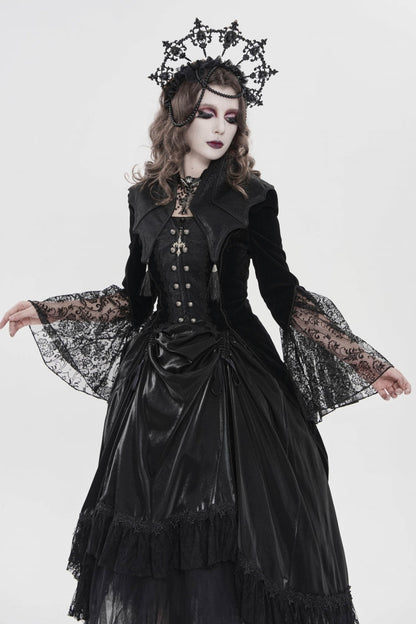 Black Long Trumpet Sleeves Embroidered Lace Slim Zippered Women's Gothic Bat Wing Collar Double-breasted Zip Jacket