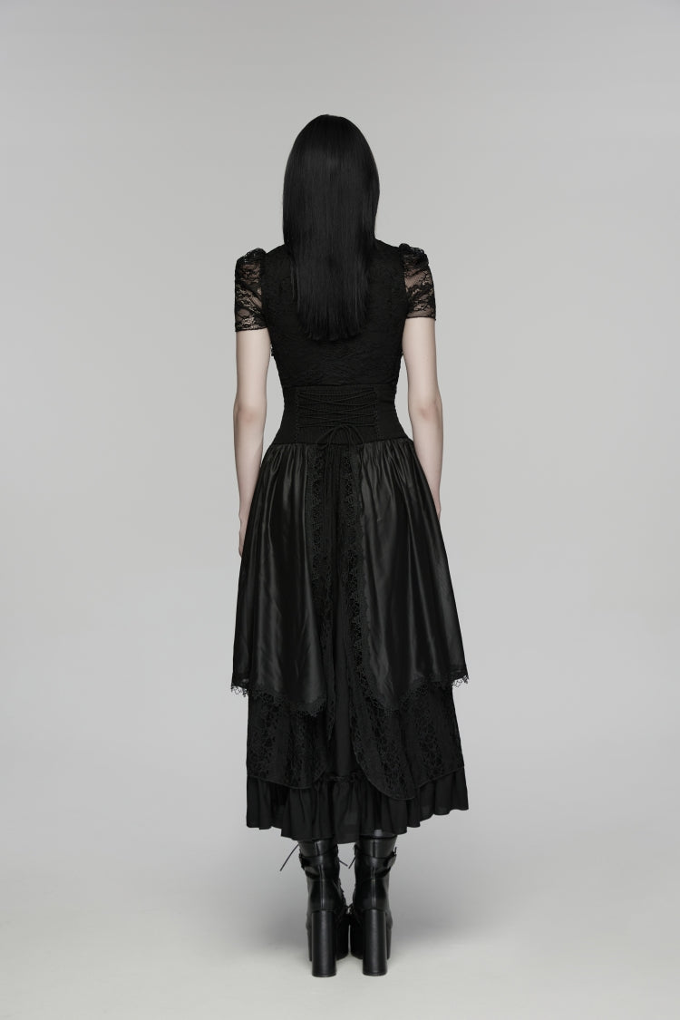 Black High Waisted Multi-Layered Floral Embroidered Lace Pleated Women's Gothic Elegant Cosplay Skirt