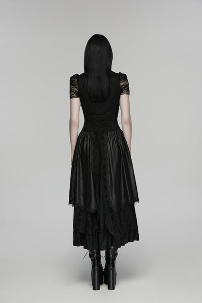 Black High Waisted Multi-Layered Floral Embroidered Lace Pleated Women's Gothic Elegant Cosplay Skirt
