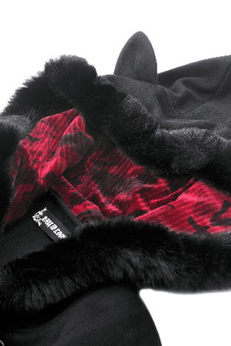 Black Long Sleeves Crescent Moon Bow Spliced Double-breasted Women's Gothic Coat with Cat Ear Hood