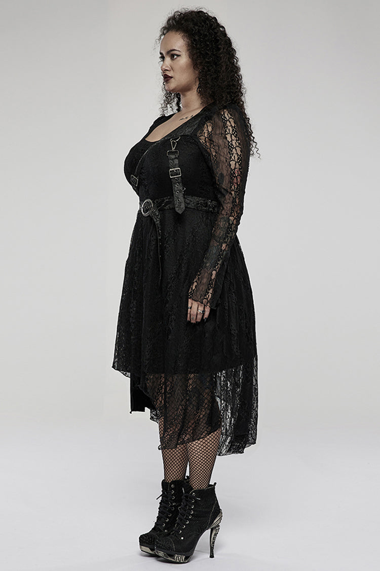 Black Elasticity Modal Cotton Fabric Patchwork Lace Metal Buckle Belt Long Hem Long Sleeve Women's Plus Size Gothic Dress