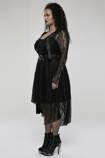 Black Elasticity Modal Cotton Fabric Patchwork Lace Metal Buckle Belt Long Hem Long Sleeve Women's Plus Size Gothic Dress