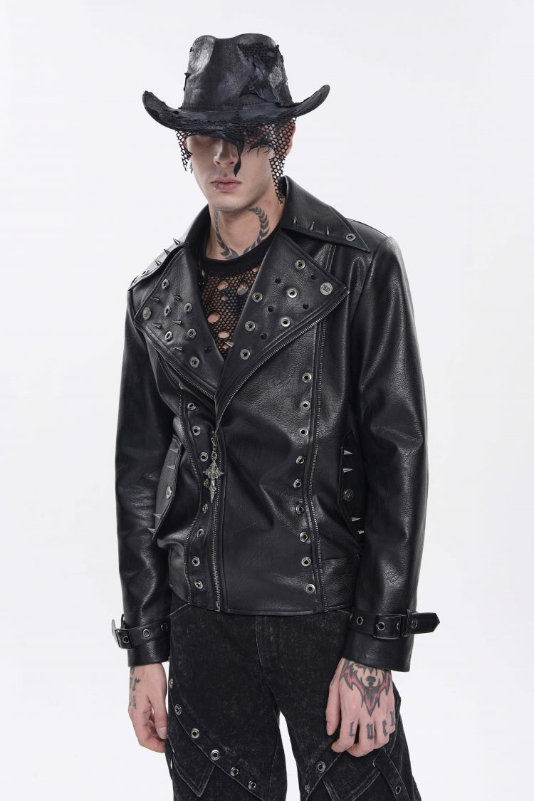 Black Lapel Collar Long Sleeves Studded Buckled Zippered Eyelet Women's Punk Jacket