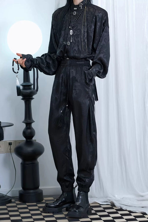 Black Dragon-Pattern Jacquard Printed Ouji Gothic Chinese Style Handsome Lolita Tassel Pants