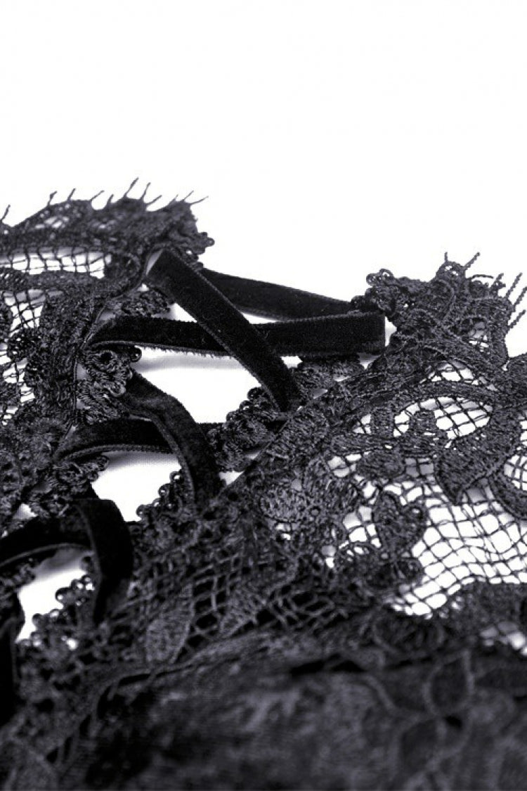 Black Long Puff Sleeves Spliced Lace Lace-Up Women's Gothic Vintage Velvet Wedding Dress