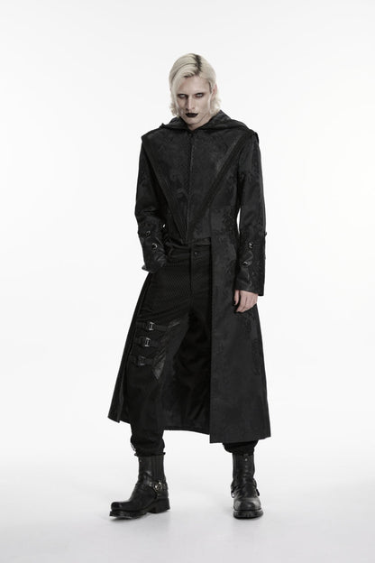 Black Long Sleeves Jacquard Embroidered Spliced Lace Hooded Color-Blocked Men's Punk Cool Coat