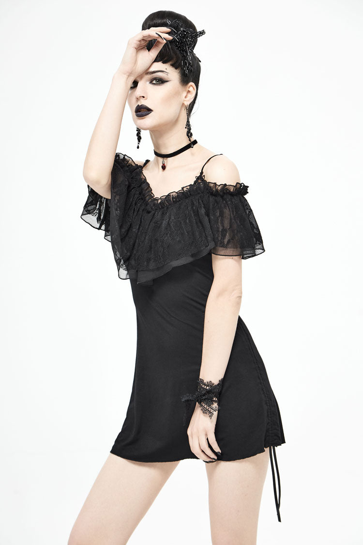 Black Lace Up Off Shoulder Chest Frilly Side Women's Punk T-Shirt