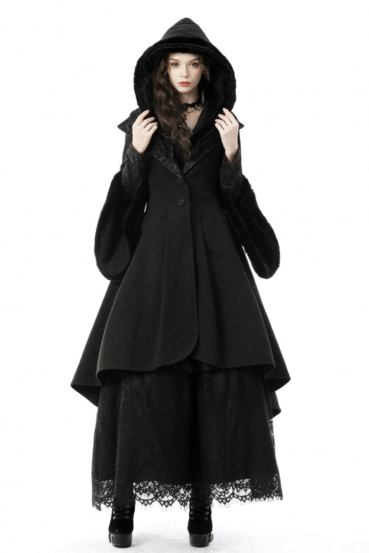 Black Lapel Collar Long Sleeves Women's Gothic High Low Woolen Dovetail Coat with Hood
