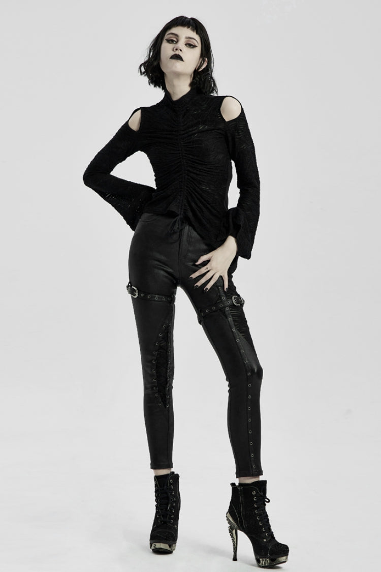 Black High Collar Long Trumpet Sleeves Hollow Lace-Up Women's Gothic T-Shirt