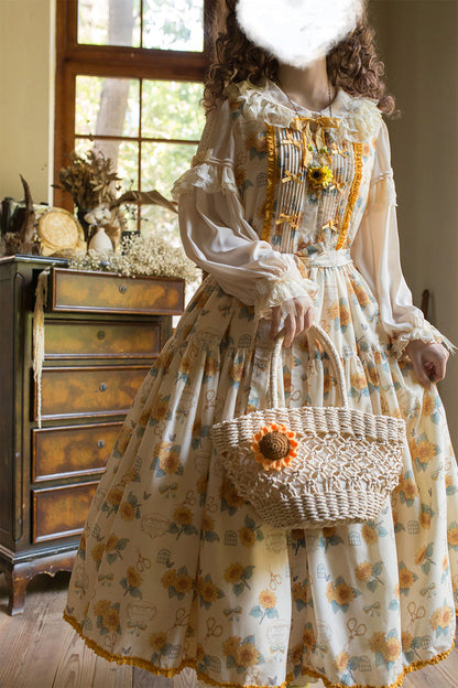 Apricot [Gardening Sunflower] Sleeveless Print Ruffle Bowknot Sweet Elegant Lolita Jsk Dress