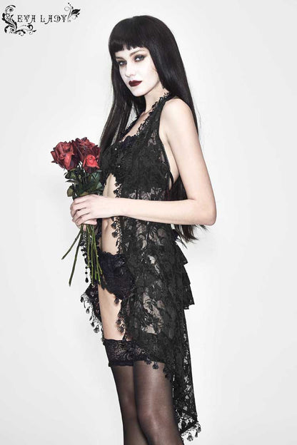Black Frilly Tassel Hem Halter Lace Women's Gothic T-Shirt