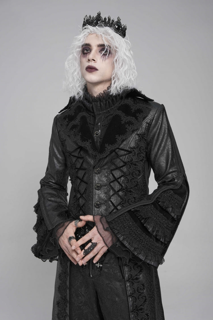 Black Long Trumpet Sleeves Floral Crochet Embroidery Lace-Up Men's Gothic Coat
