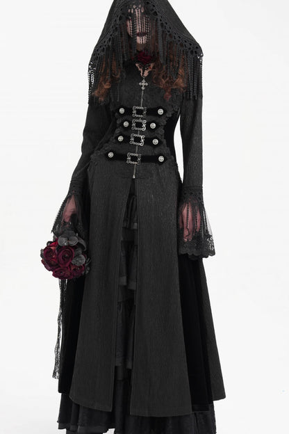 Black Buckle-up Tassels Hooded Women's Gothic Coat