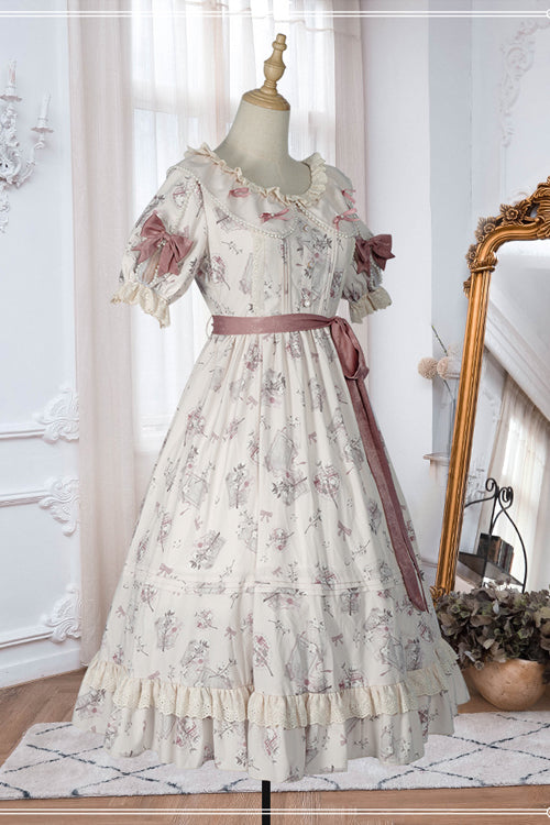 Beige Round Collar Short Sleeves Flower Print High Waist Sweet Lolita OP Dress