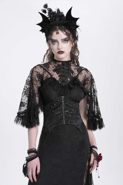 Black Batwing Beaded Lace-Up Zipper Women's Underbust Corset