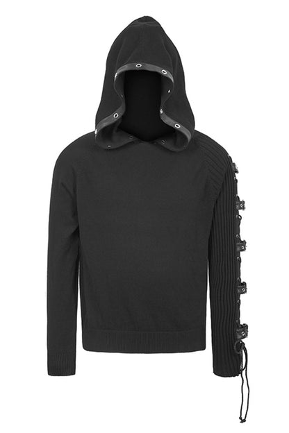 Black Asymmetrical Sleeves Leather Loop Lace-Up Hooded Men's Punk Sweater