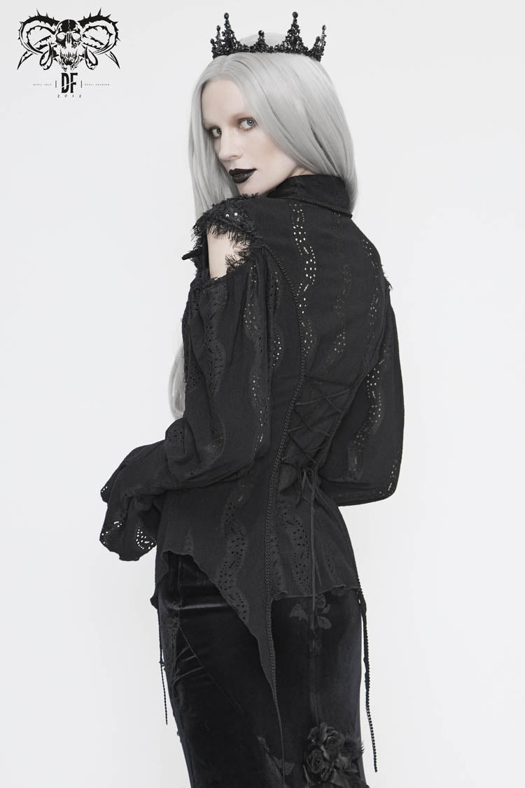 Black Front Chest Webbing Appliques Hollow-Out Lantern Sleeve Flare Cuff Back Waist Lace Up Women's Gothic Blouse