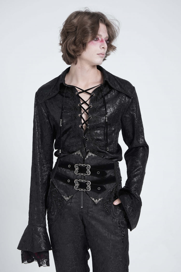 Black Long Trumpet Sleeves Lace-Up Men's Gothic Swallow-tailed Blouse