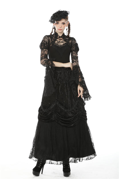 Black Long Puff Sleeves Sheer Floral Lace Lace-Up Women's Gothic Cape