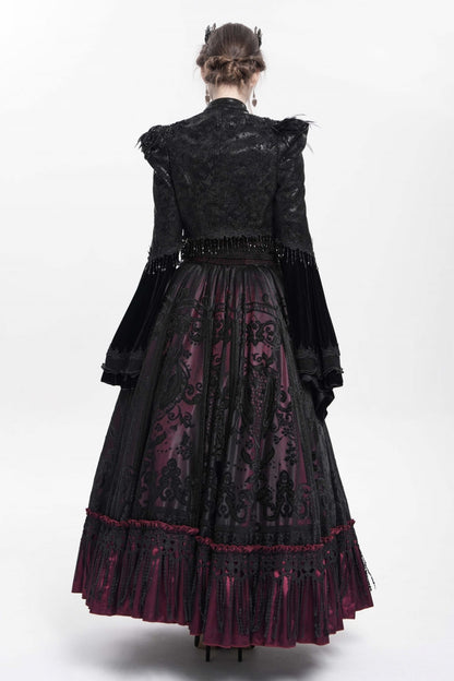Black Long Sleeves Floral Embroidery Women's Gothic Beaded Frog Short Jacket