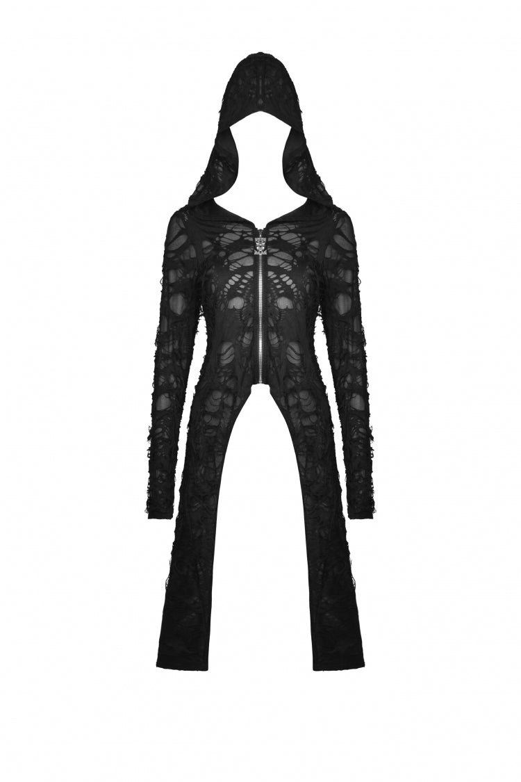 Black Long Sleeves Split Ripped Zippered Women's Punk Long Coat with Hood