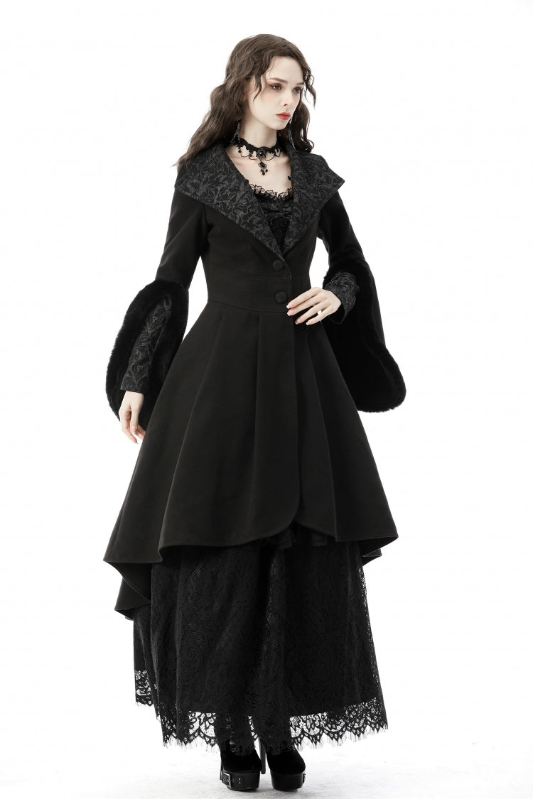 Black Lapel Collar Long Sleeves Women's Gothic High Low Woolen Dovetail Coat with Hood