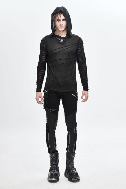 Black Collar Metal Button Irregular Striped Patchwork Bandage Hooded Men's Punk T-Shirt