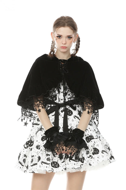 Black Lace-Up Women's Lolita Cat Ears Hooded Cape with Star Tassels