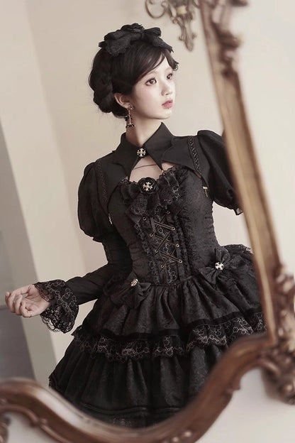 Black Double-Layered Ruffle Lace Gothic Ballet Lolita Jsk Dress