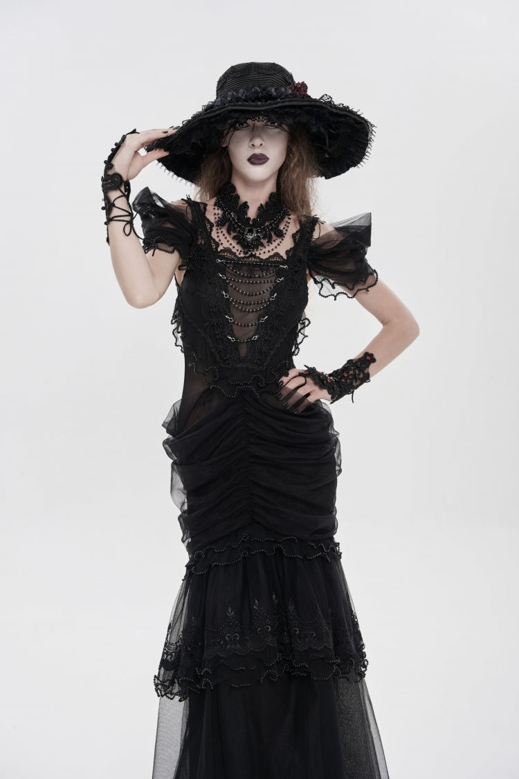 Black Off Shoulder Ruffled Cut-Out Lace Pleated Women's Gothic Dress
