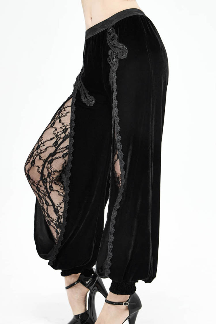 Black Gothic Front Decals Split Splice Mesh Velvet Women's Pants