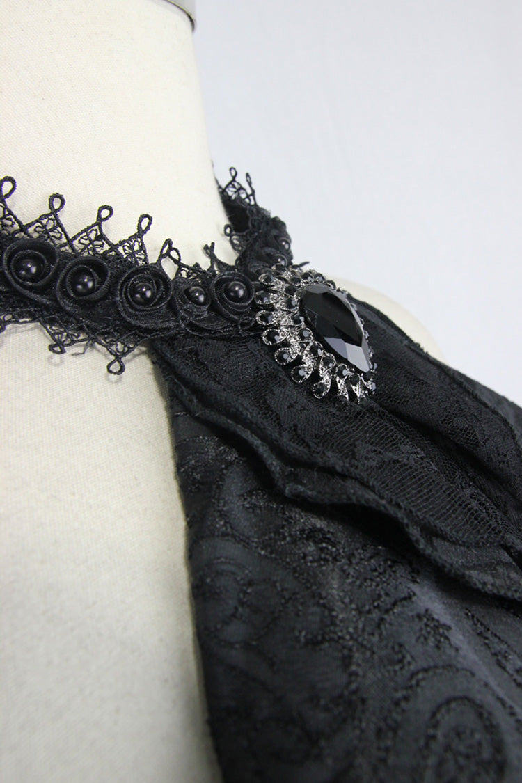 Black Lace Jacquard Jewel Pins Men's Gothic Tie