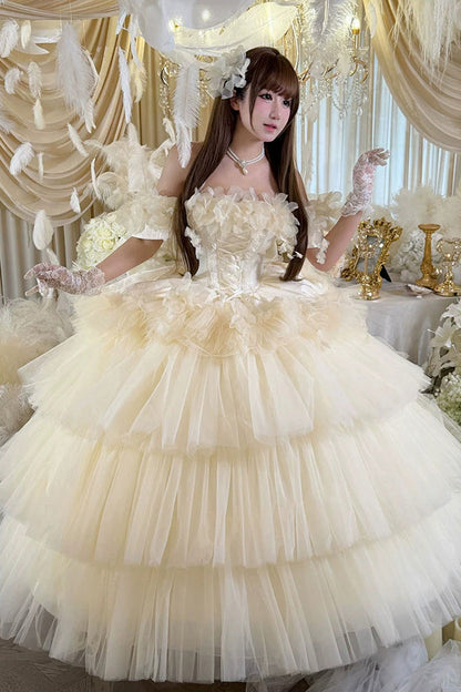 Apricot [Dream Confession] Sleeveless Triple-Layered Ruffled Hanayome Bow Lace Lace-Up Sweet Lolita Jsk Dress Long Version