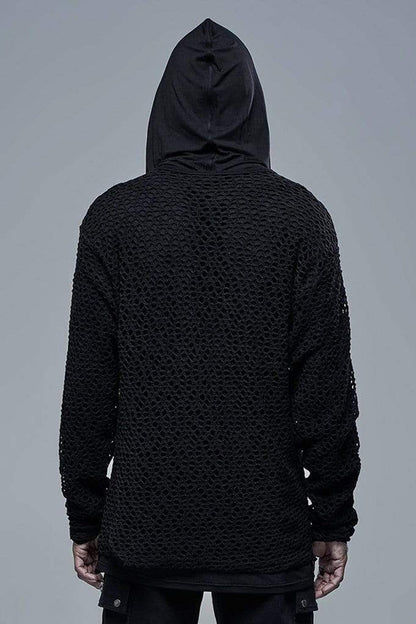 Black Knit Outer Mesh Long Sleeve Inner Hooded Simple Two Piece Men's Punk T-Shirt