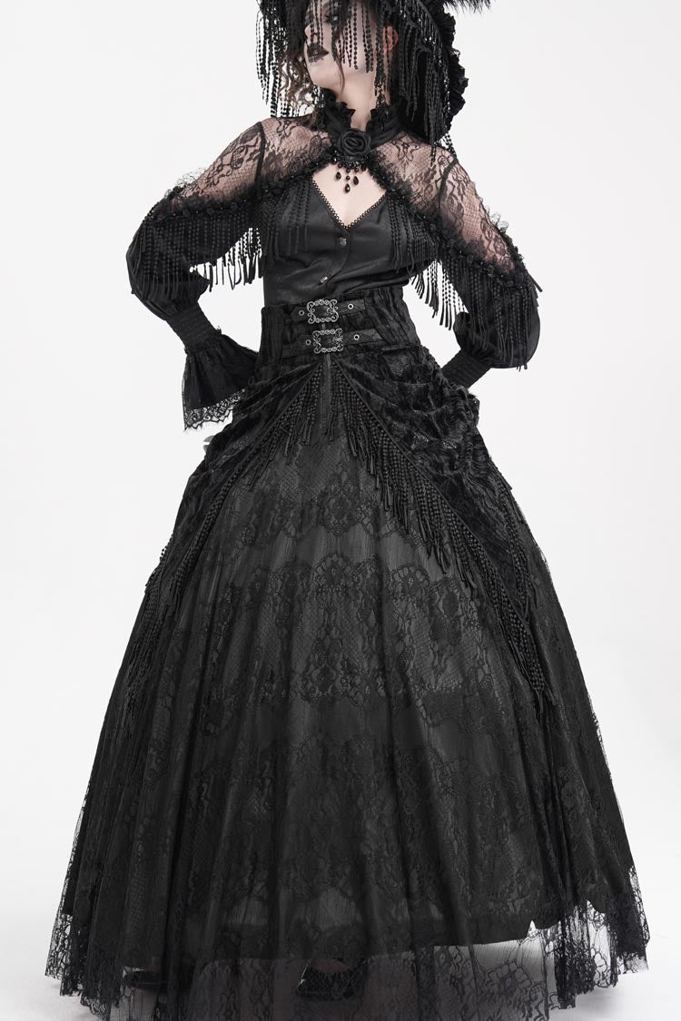 Black Print Embroidery Tassels Buckle-up Lace-Up Women's Gothic Long Skirt