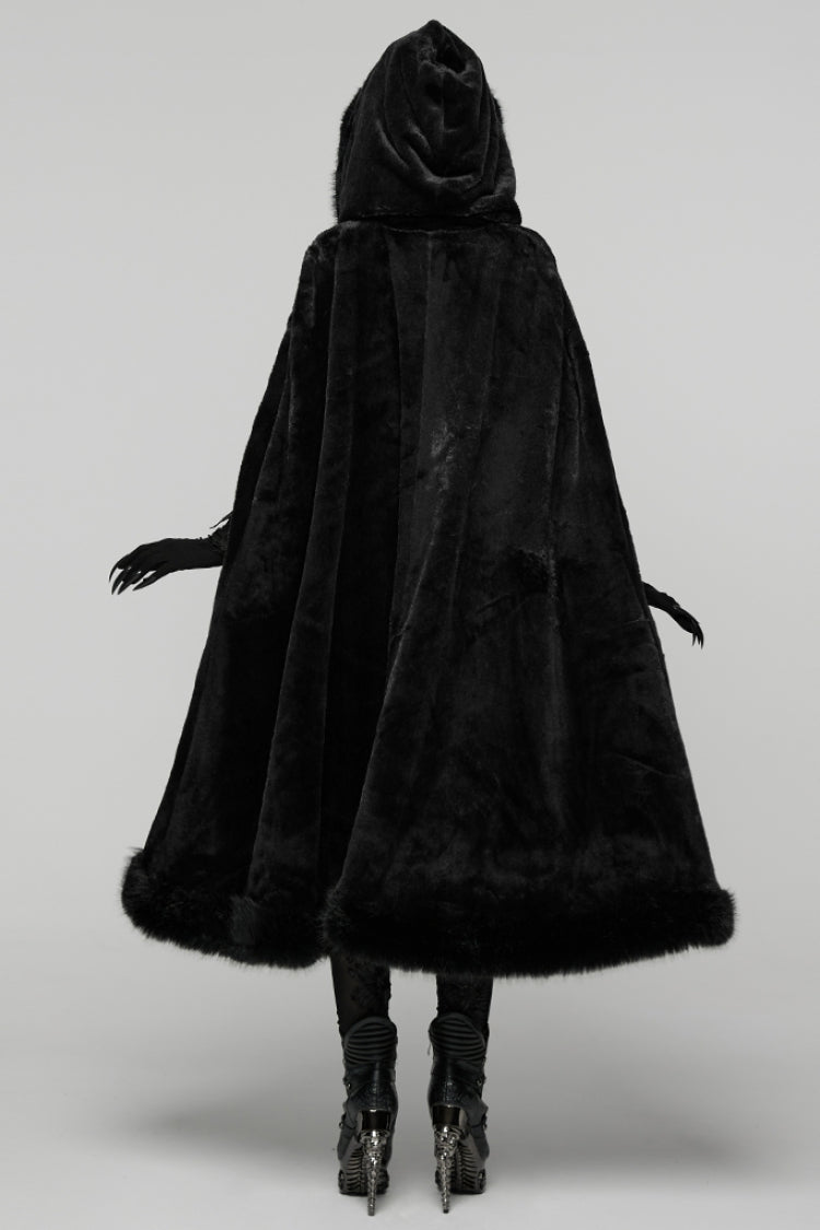 Black Faux Fur Spliced Hooded Women's Gothic Coat Cloak
